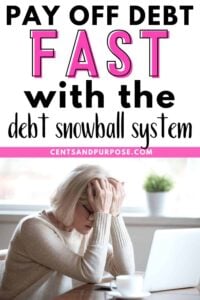 Blonde woman with her head in her hands looking upset and text that reads: Pay off debt fast with the debt snowball system
