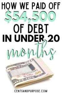Money clip with bills and text that reads: How we paid ooff $54,500 of debt in under 20 months
