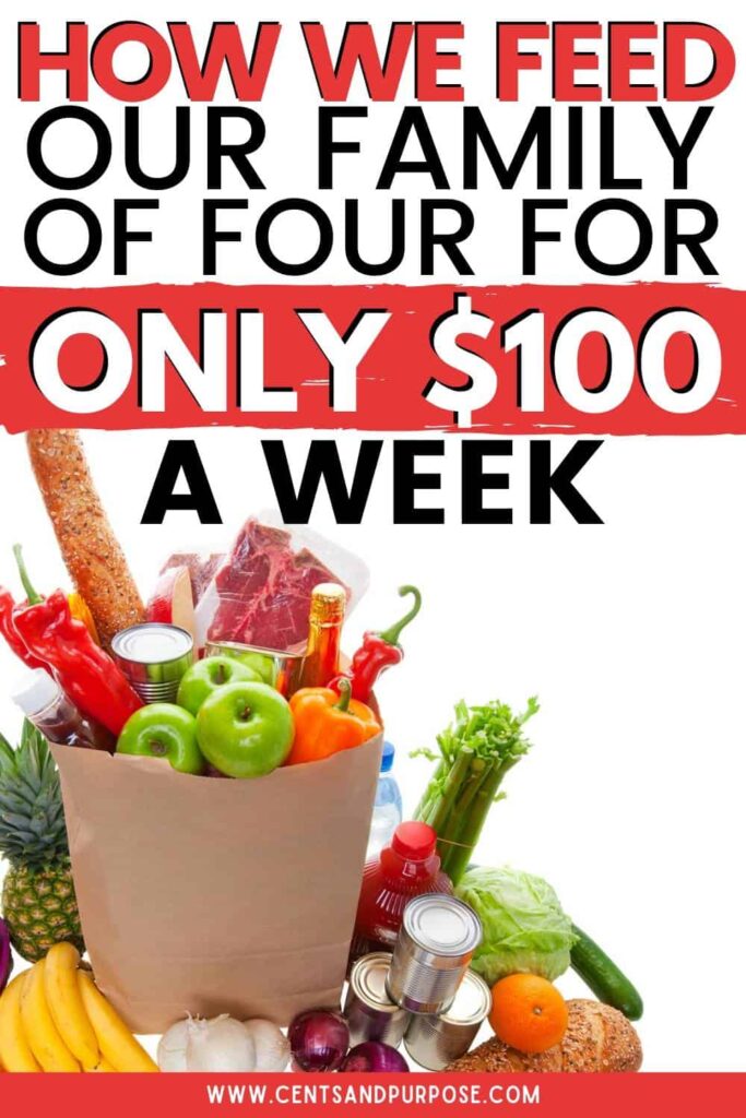 Paper shopping bag of groceries with text that reads: How we feed our family of four for only $100 a week