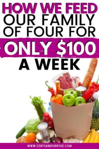 Brown bag filled with food and text that reads: How we feed our family of four for only $100 a week