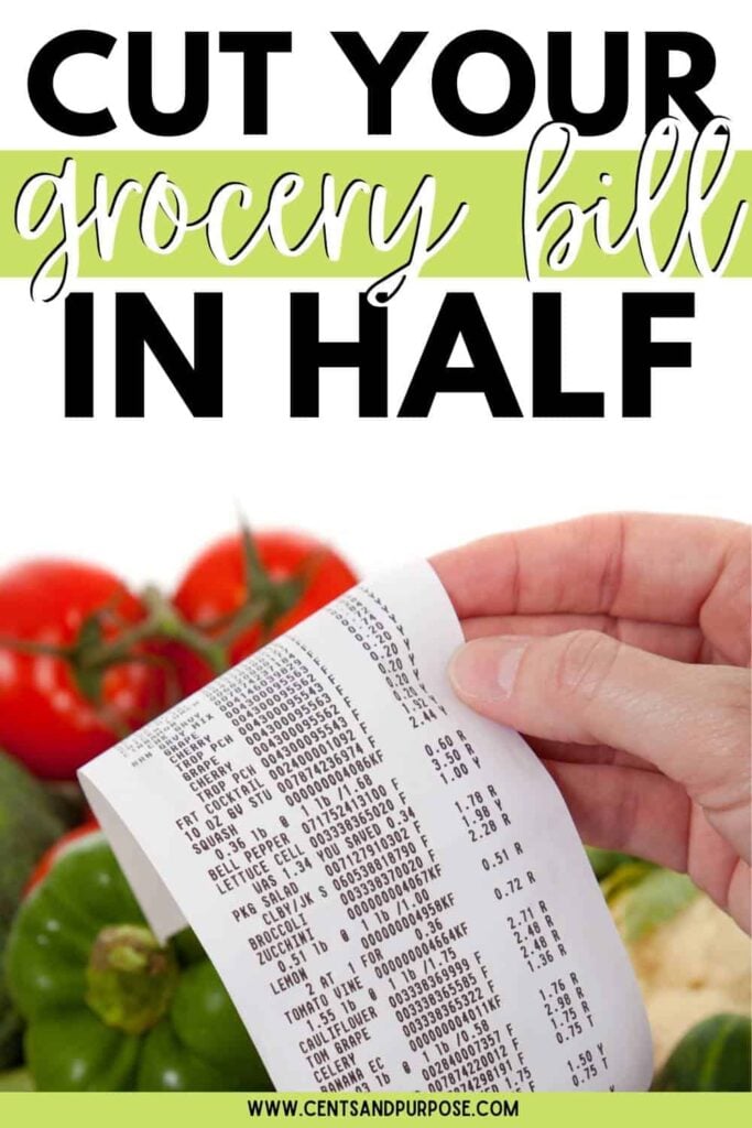 Hand holding grocery receipt in front of fresh vegetables with text that reads: Cut your grocery bill in half
