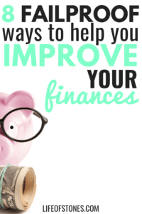 Pink piggy bank with black glasses and money and text that reads: 8 failproof ways to help you improve your finances