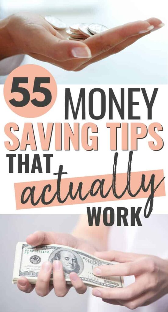 woman's hands holding money with text that reads 50+ money saving tips that actually work