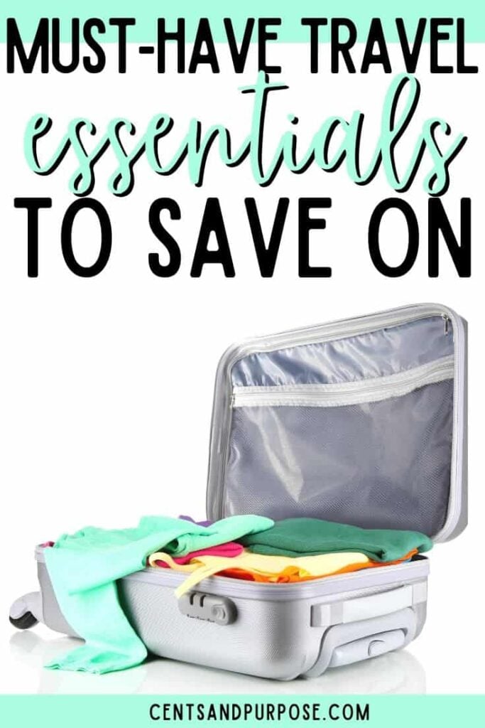 stuffed grey suitcase with clothing and text that reads must-have travel essentials to save on