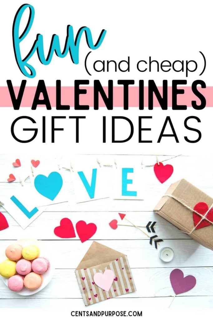 Valentine's Day crafts on a white table with text that reads fun and cheap Valentine's Day Gift Ideas for the whole family