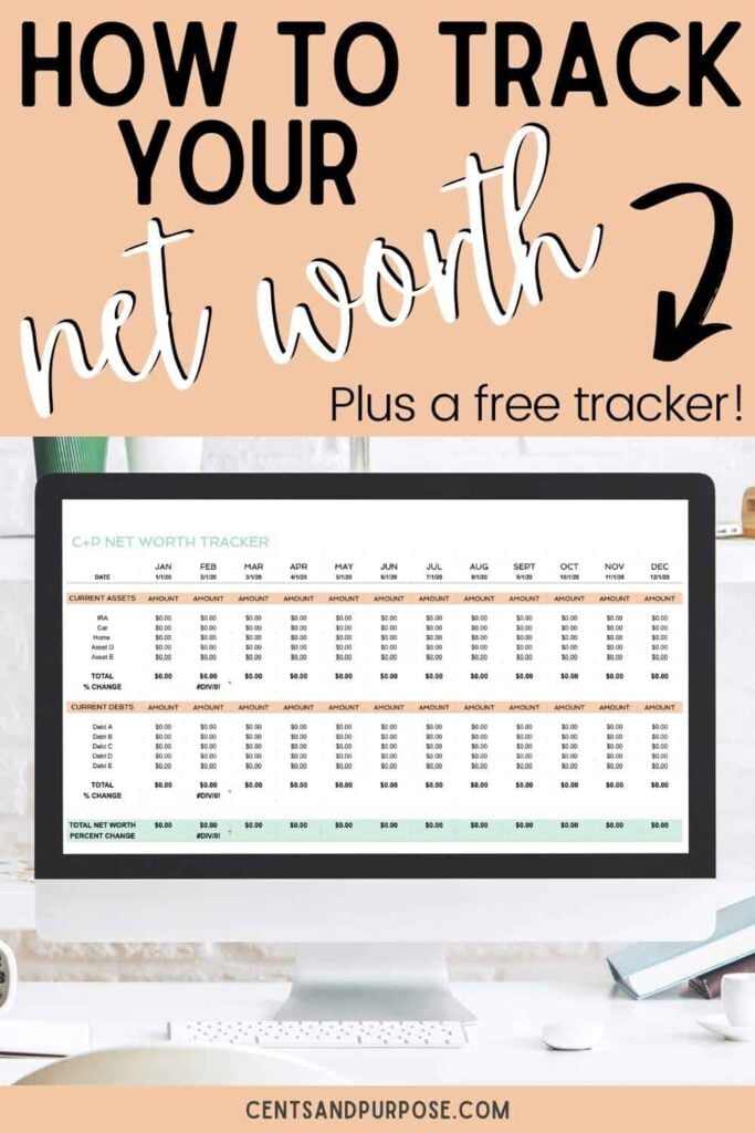 Desktop computer with spreadsheet on screen and text that reads how to track your net worth plus a free tracker
