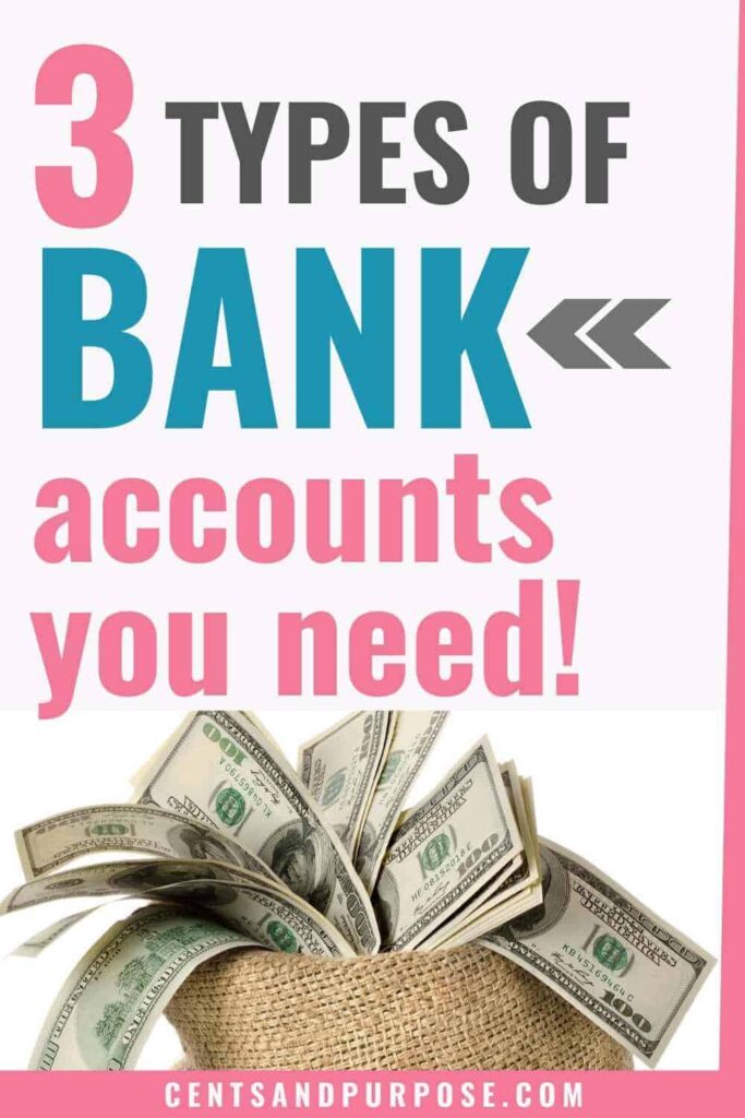 Basket with hundred dollar bills sticking out of it and text that reads: 3 types of bank accounts you need!