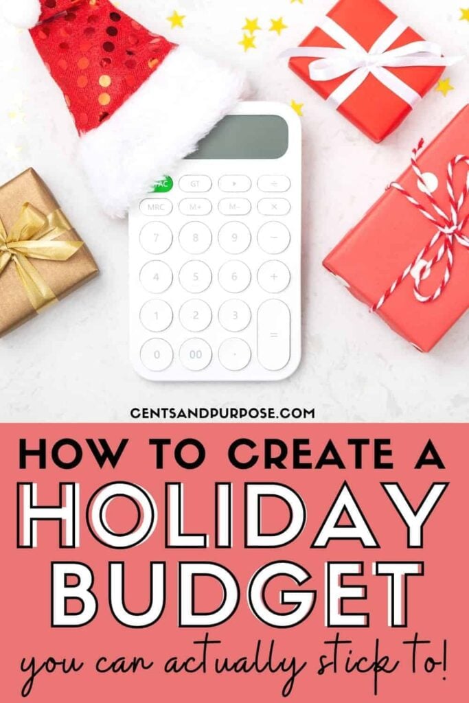 White calculator wearing a santa hat, Christmas gifts and yellow stars with text that reads: How to create a holiday budget you can actually stick to