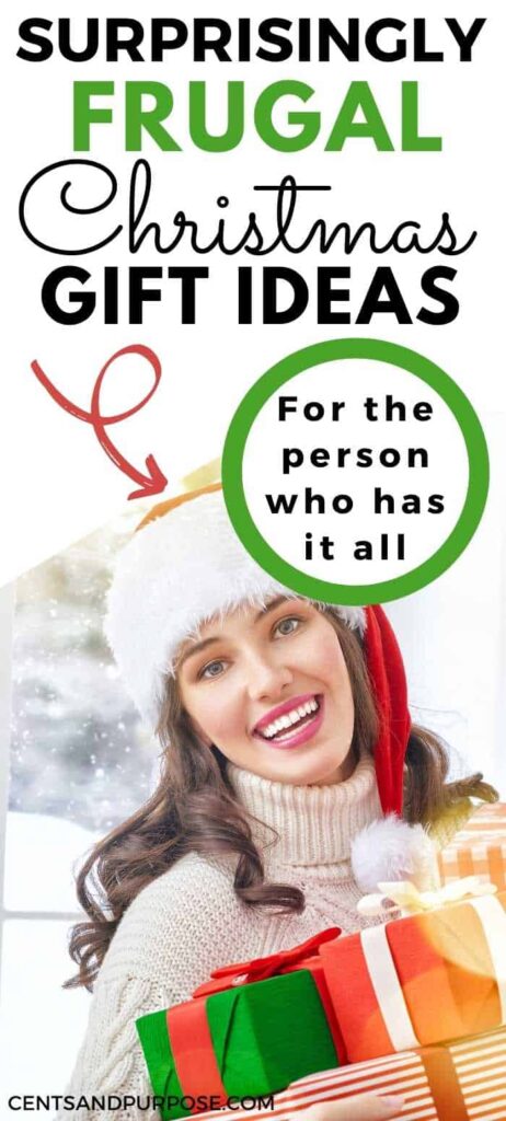 Woman wearing a Santa hat holding gifts with text that reads: Surprisingly frugal Christmas gift ideas for the person who has everything