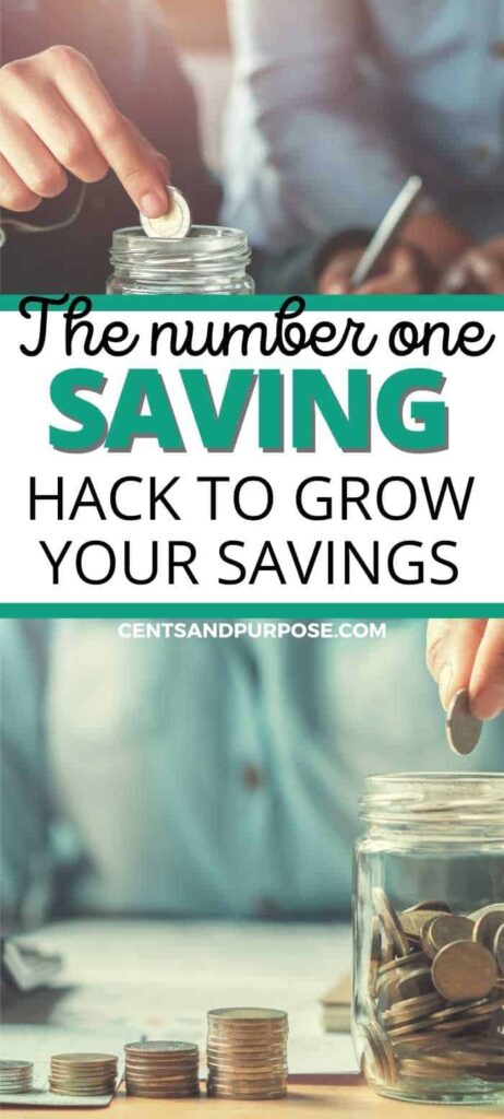Man putting coins into a jar with text that reads: The number one saving hack to grow your savings