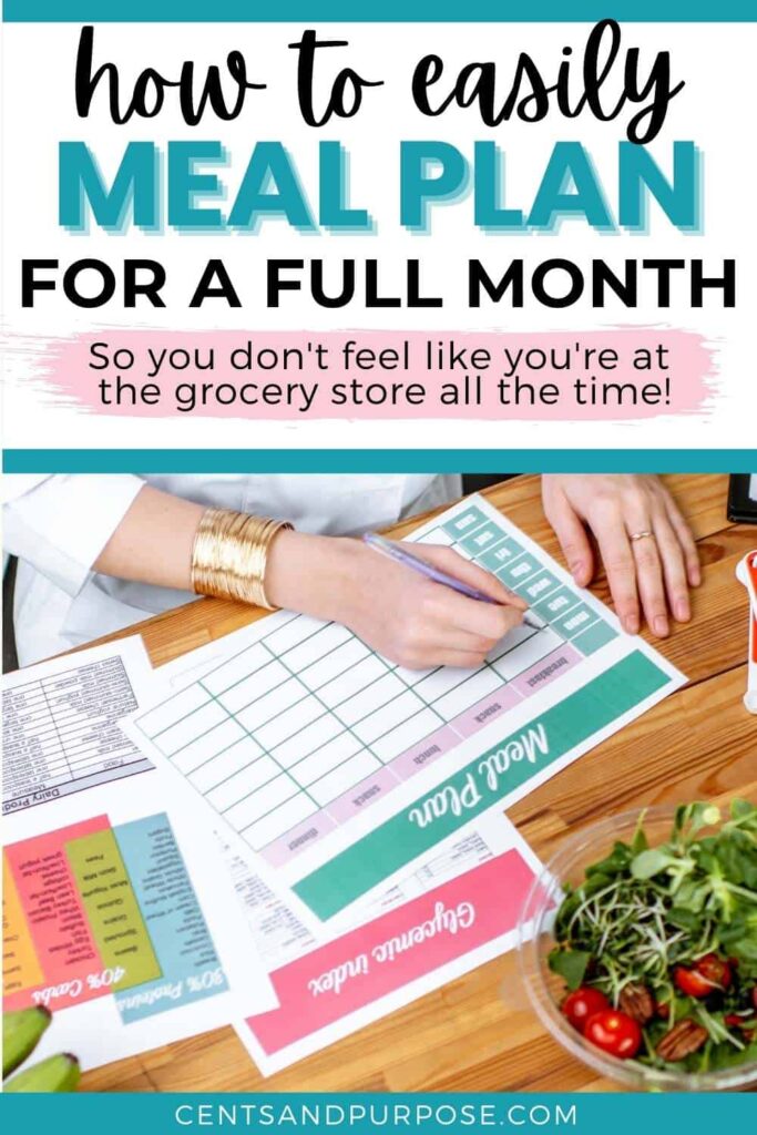 Woman's hands writing a meal plan with text that reads: How to easily plan for a full month so you don't feel like you're at the grocery store all the time