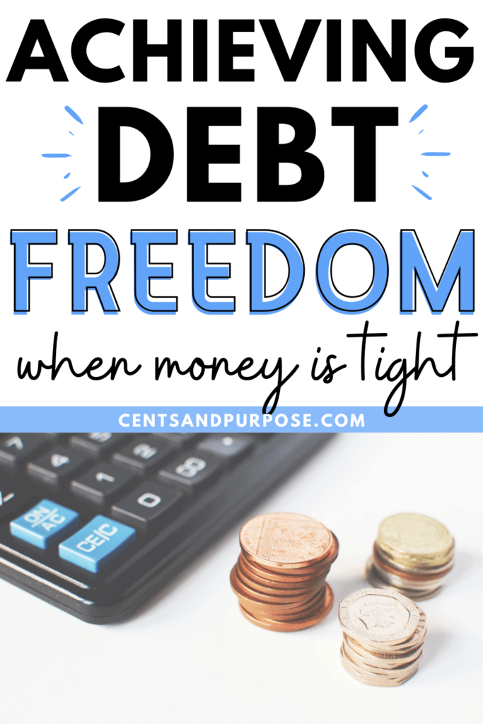 Calculator and coins with text that reads: Achieving debt freedom when money is tight.