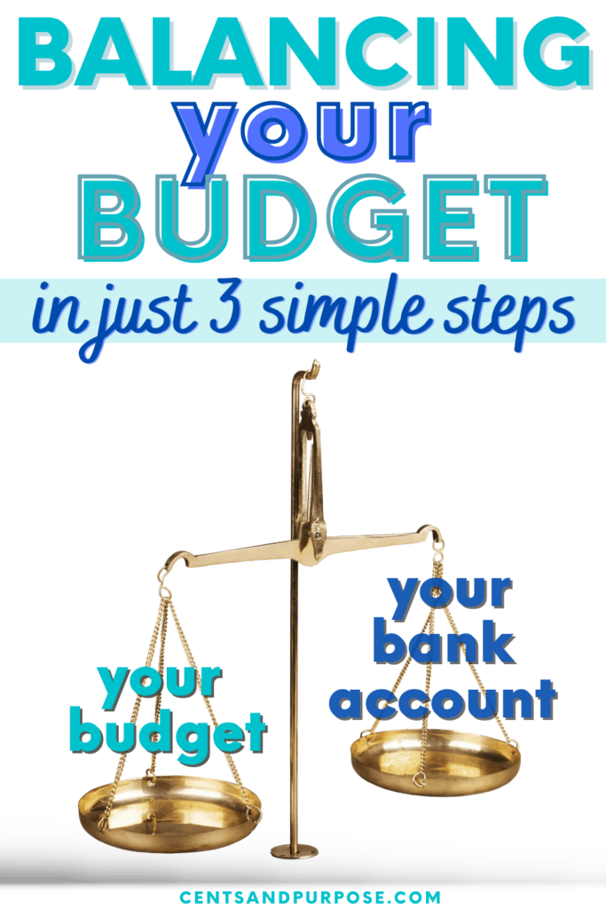Gold scale with one side labeled "your budget" and the other "your bank account" with text that reads: Balancing your budget in just 3 simple steps