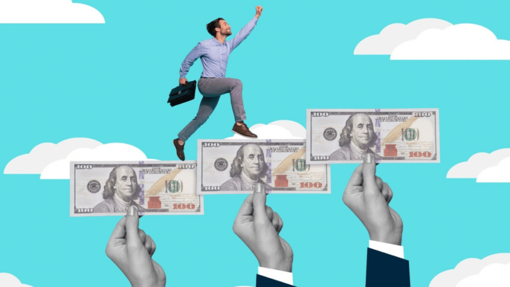 Man walking up money with white clouds in the blue background