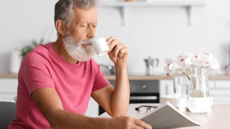 Older man drinking a cup of espresso and reading a book