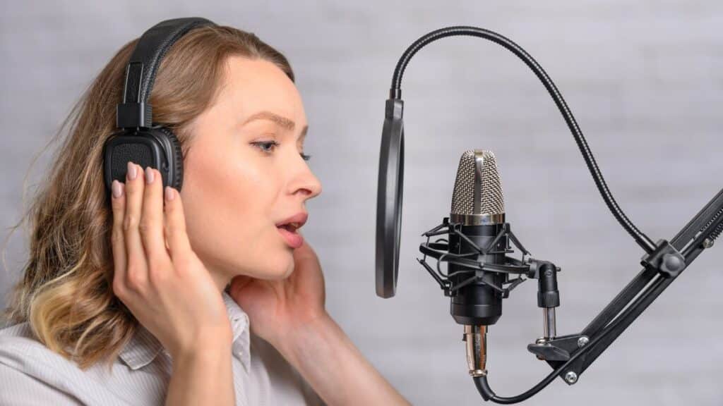 Voiceover actress wearing headphones and speaking into a microphone
