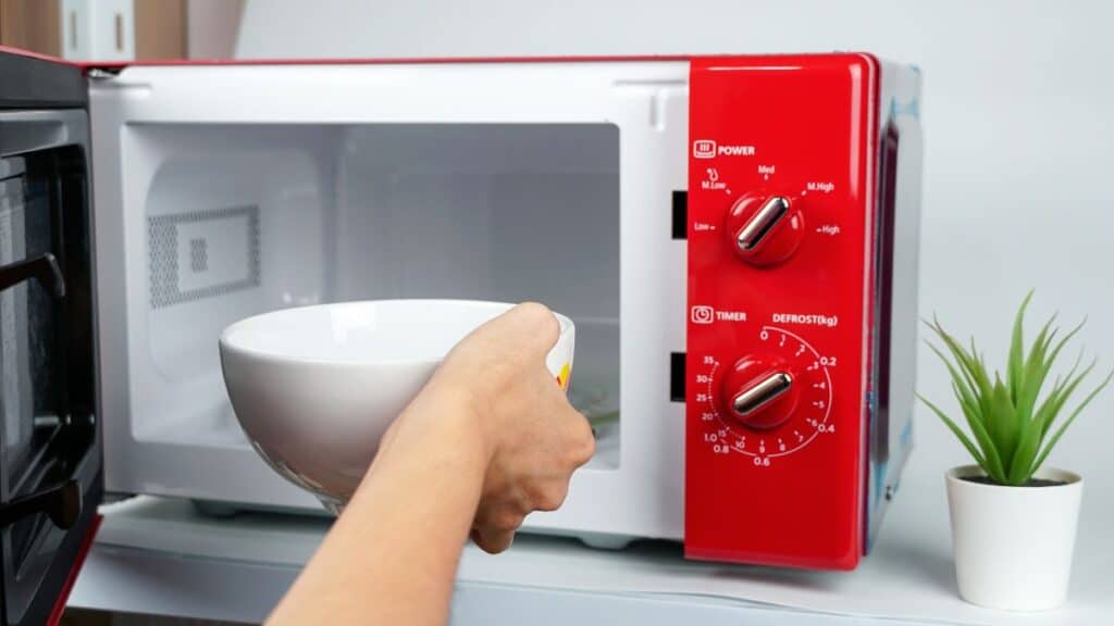 Person putting a bowl into a microwave