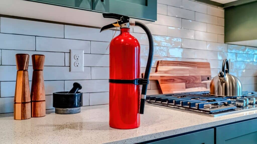 Fire extinguisher sitting on kitchen counter