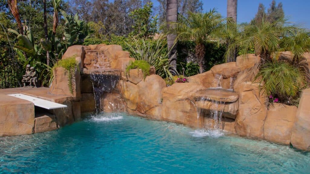 Tropical pool with waterfall