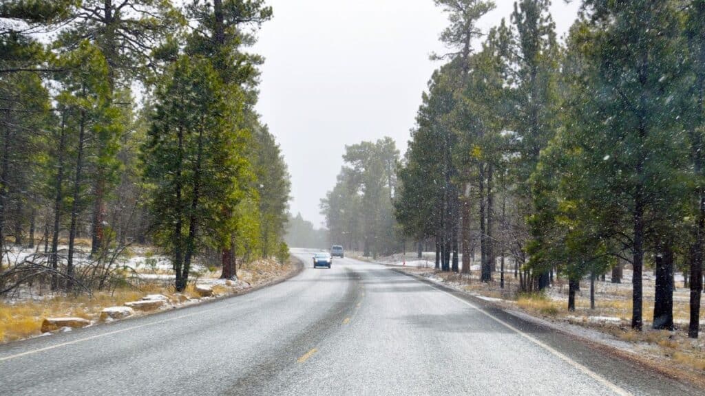 A coating of snow on the street.