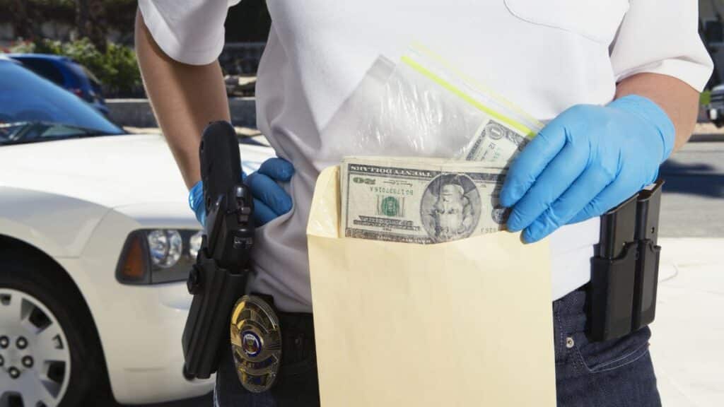 police officer holding cash in an envelope