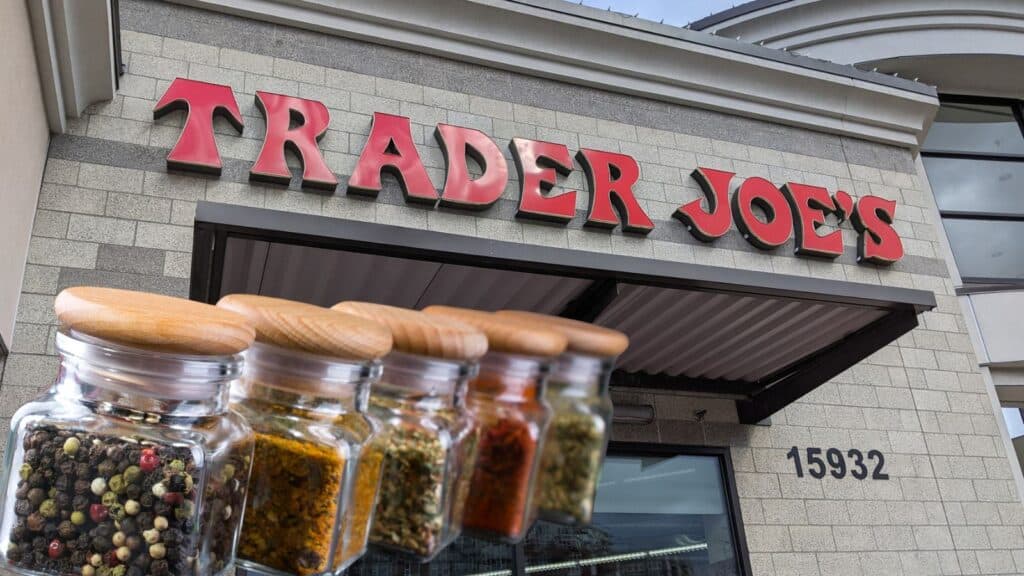 Trader Joe's storefront with bottles of seasonings in front