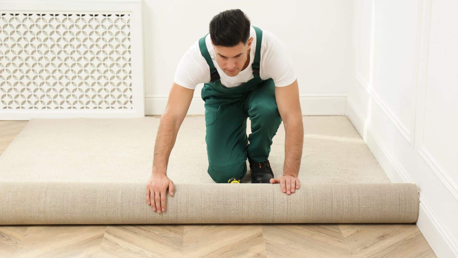 Carpet installer rolling out new carpeting