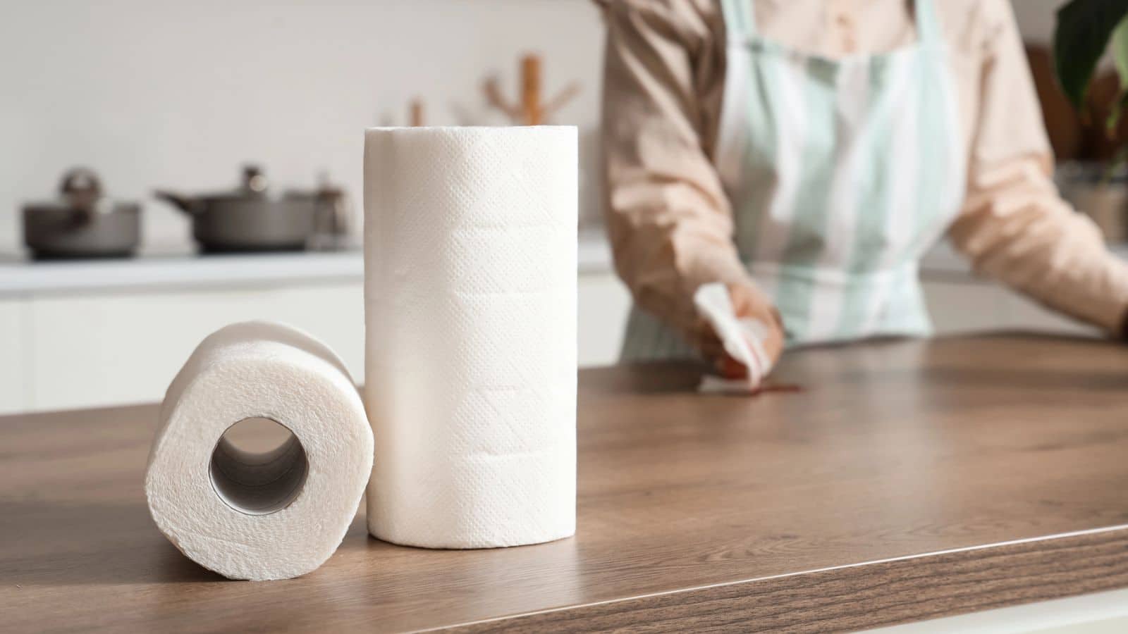 Woman in apron cleaning counter with paper towel rolls