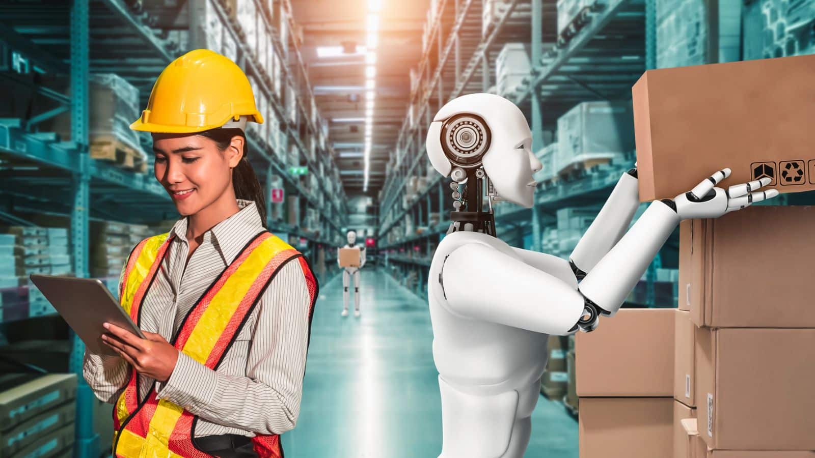 Warehouse worker and robot working in a warehouse