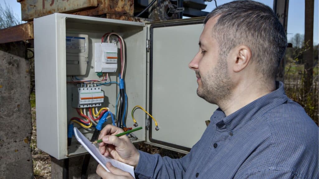 Utility worker reading an electric meter
