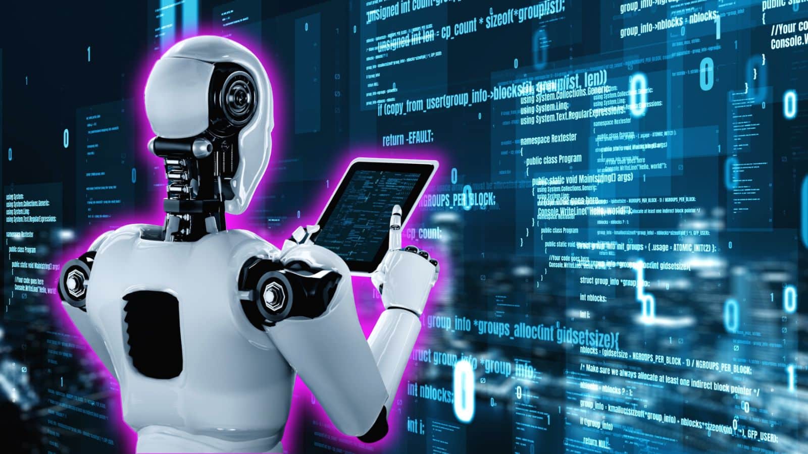Robot holding a tablet and looking at a huge screen