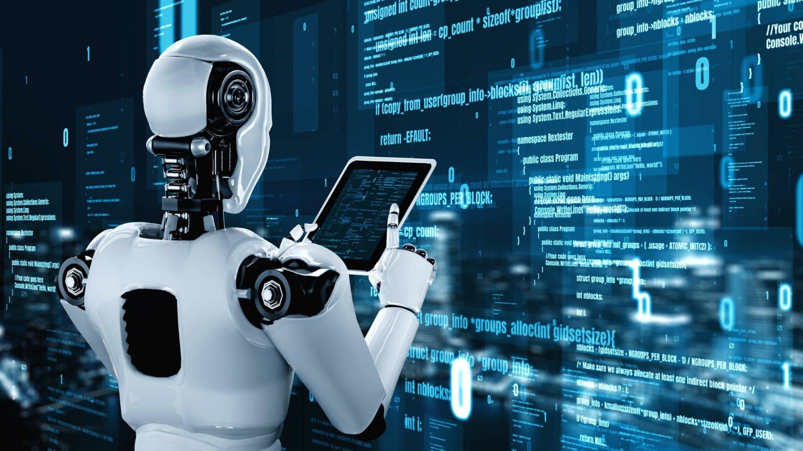 Robot using a tablet looking at a large screen