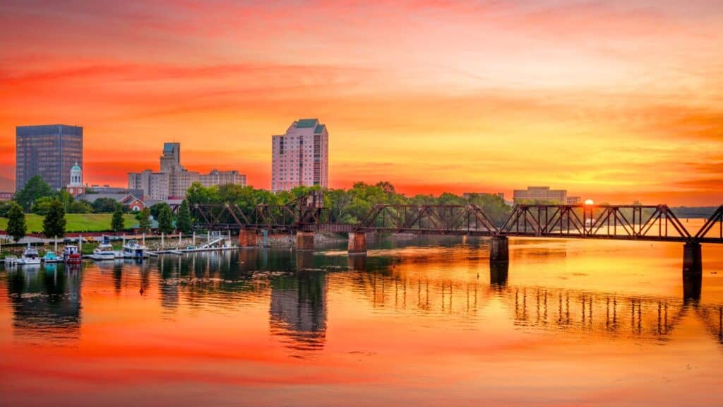 Skyline view of Augusta, Georgia at sunset