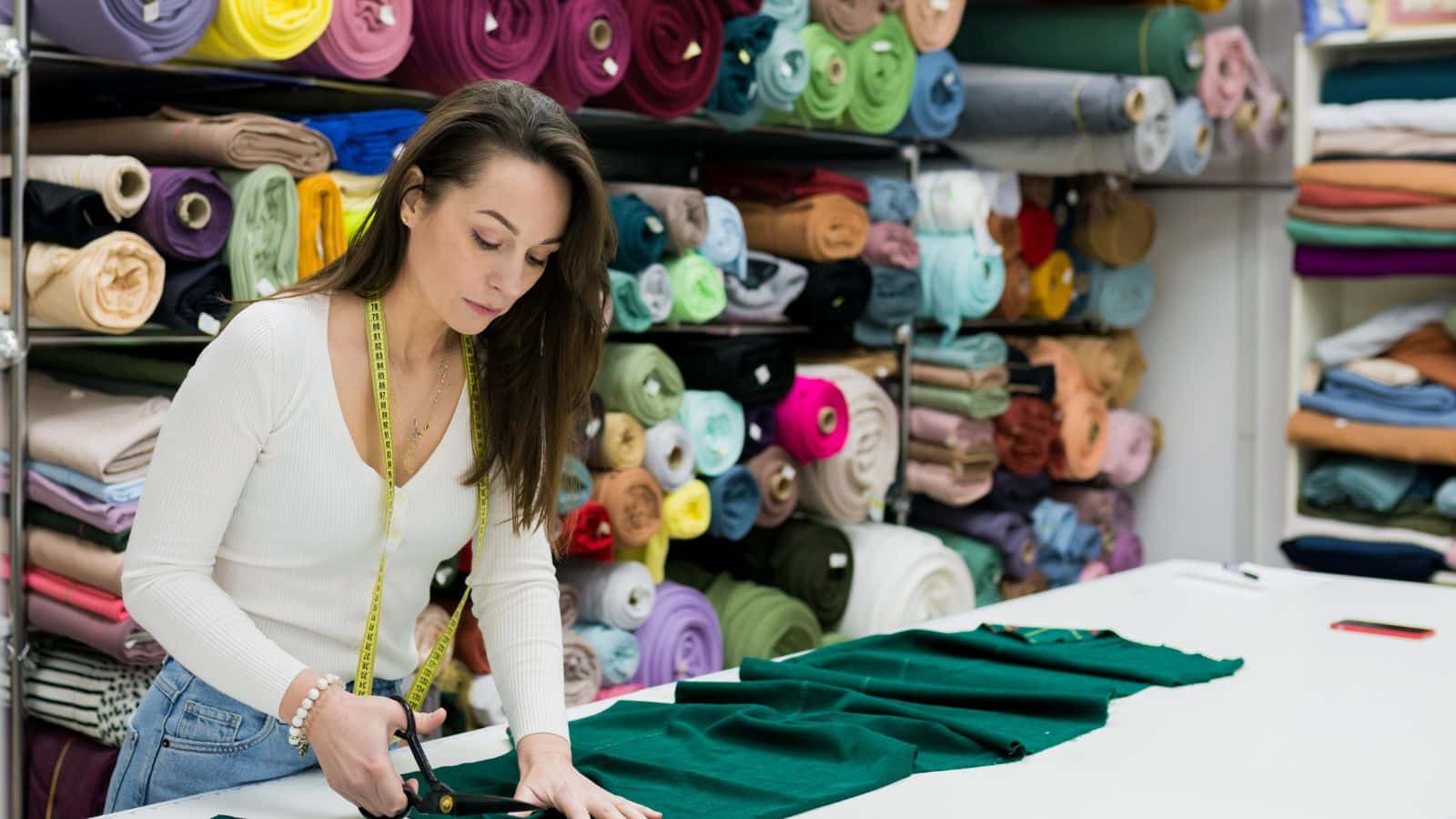 Woman cutting fabric at a craft store