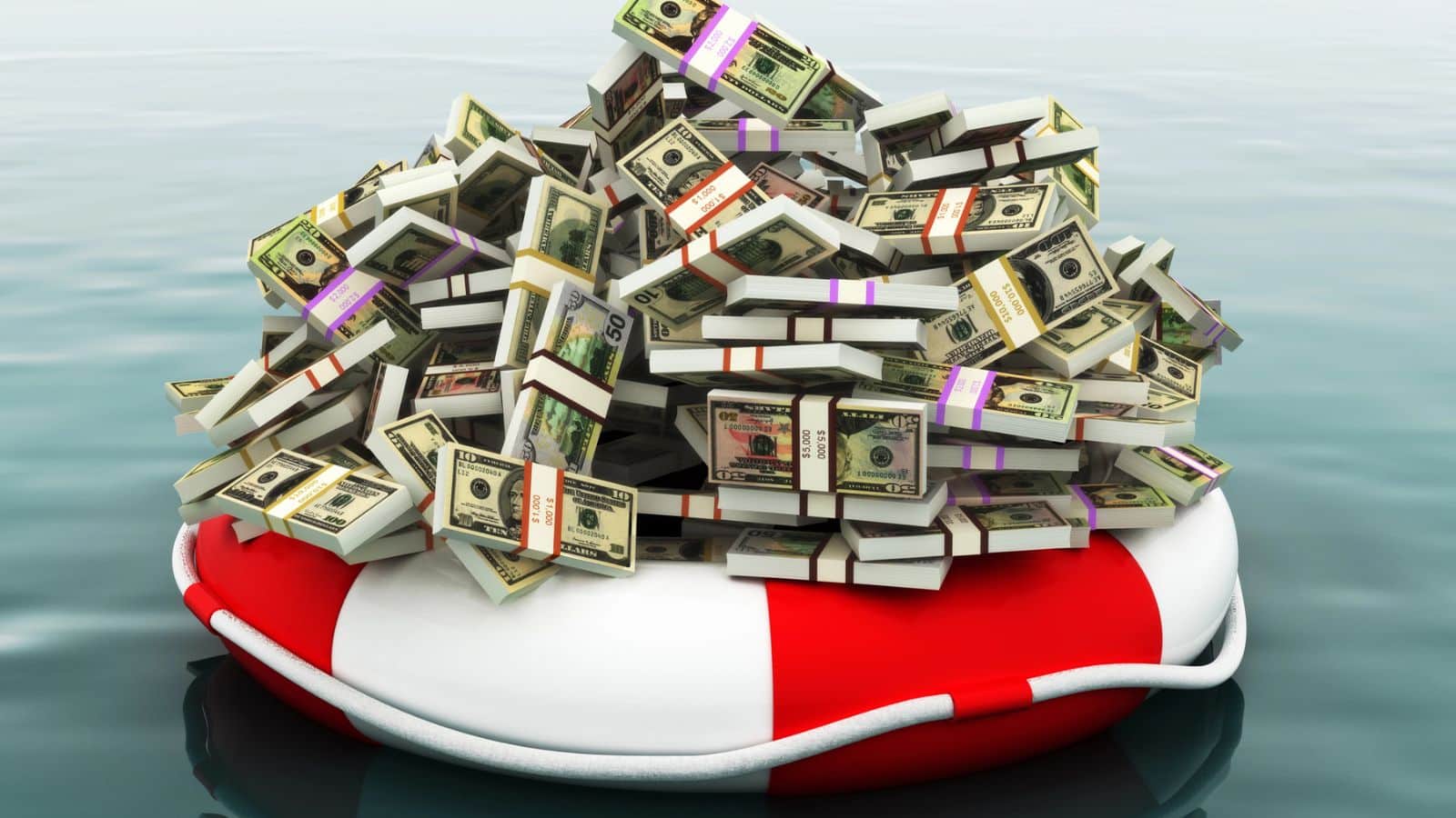 Life preserver in the middle of the ocean filled with money