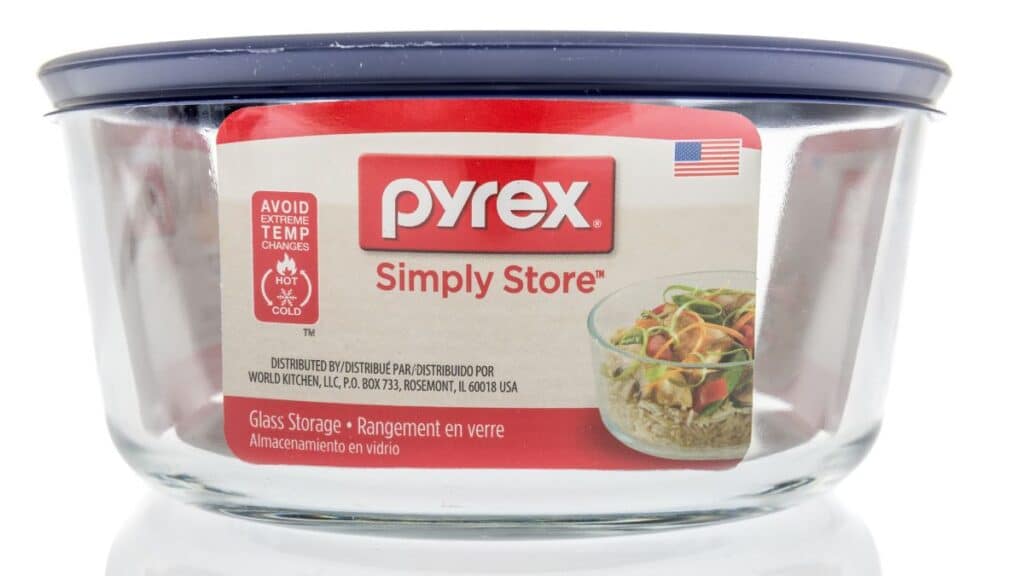 Pyrex glass container with blue lid