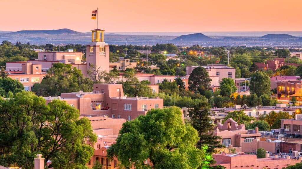 View of city in Santa Fe, New Mexico during sunset