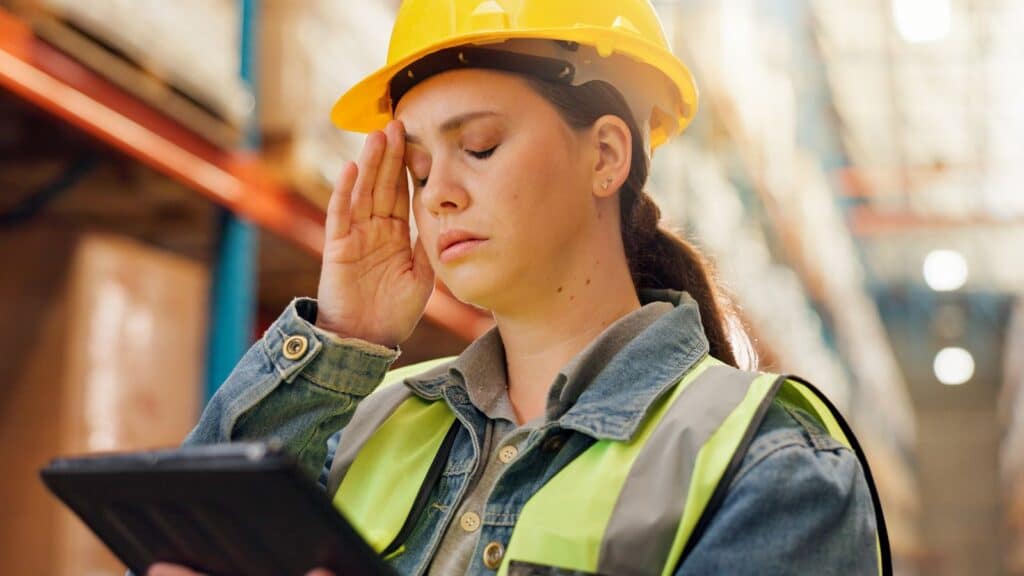 Female factory worker looking at her clipboard and seeming frustrated