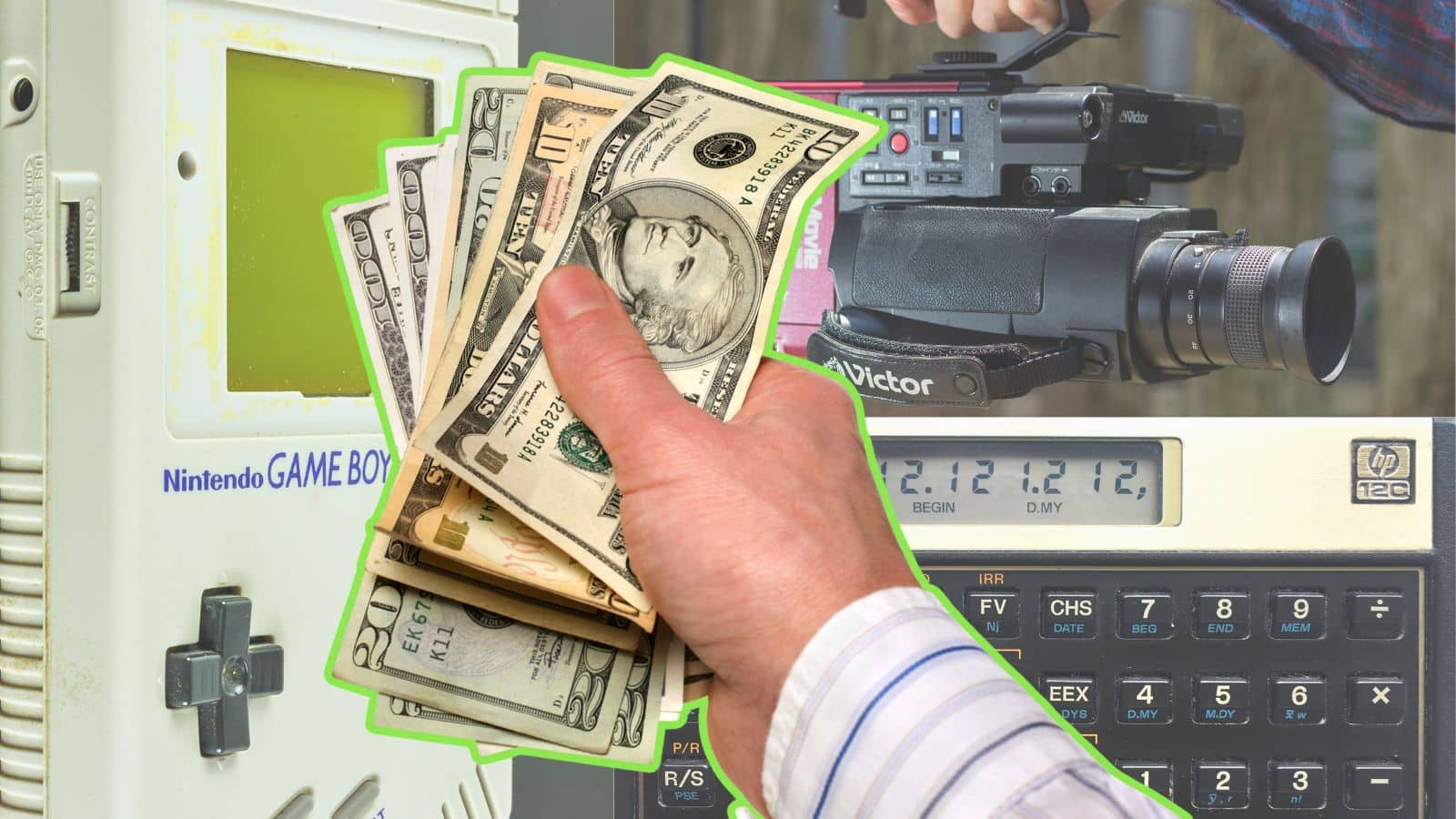 Vintage electronics with hand holding cash