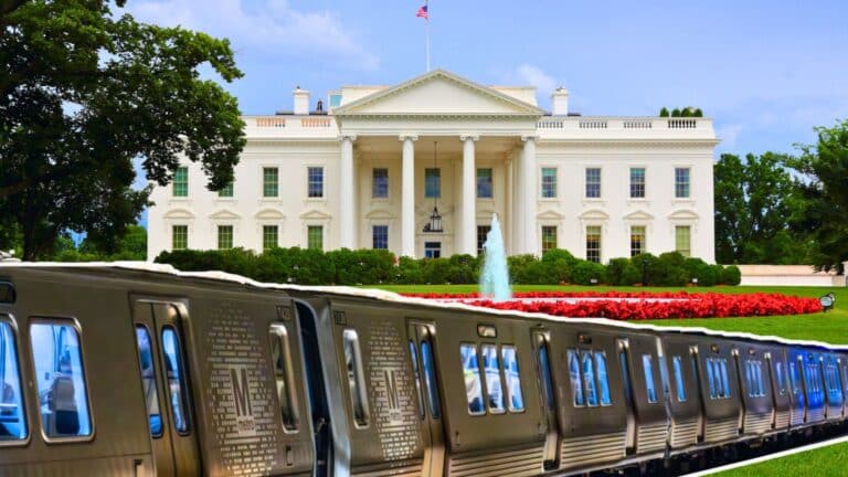 Image of the White House in DC with a DC Metro train across the lawn