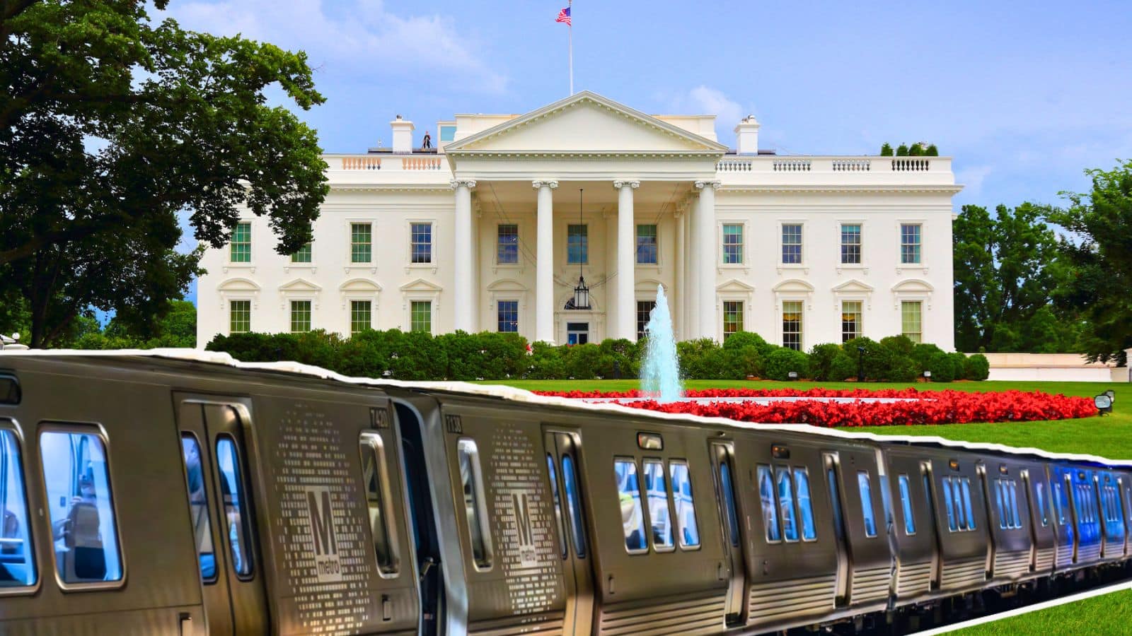 Image of the White House in DC with a DC Metro train across the lawn