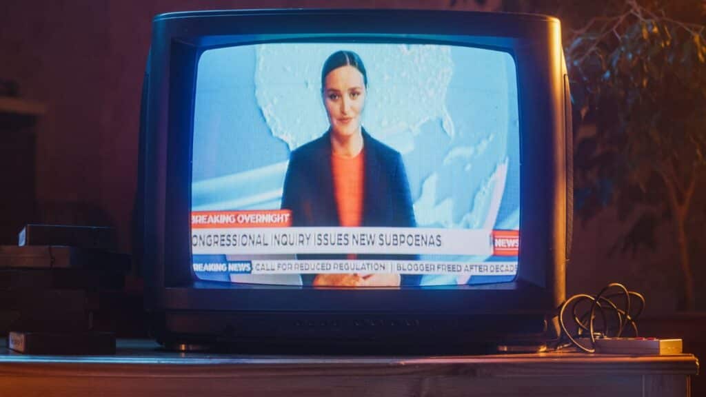 Old-school tube TV with a news program on the screen