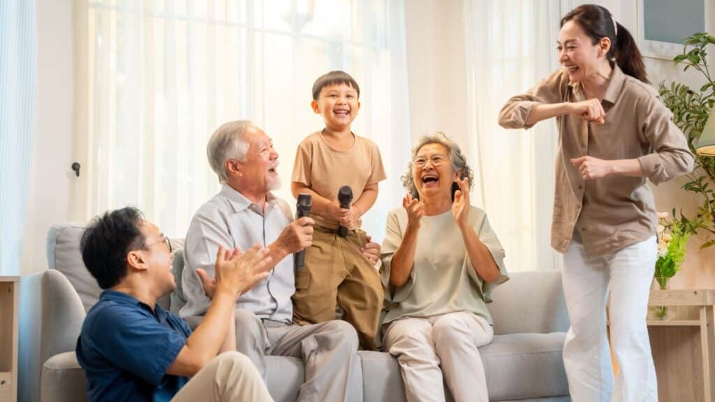 Asian family talking on the couch