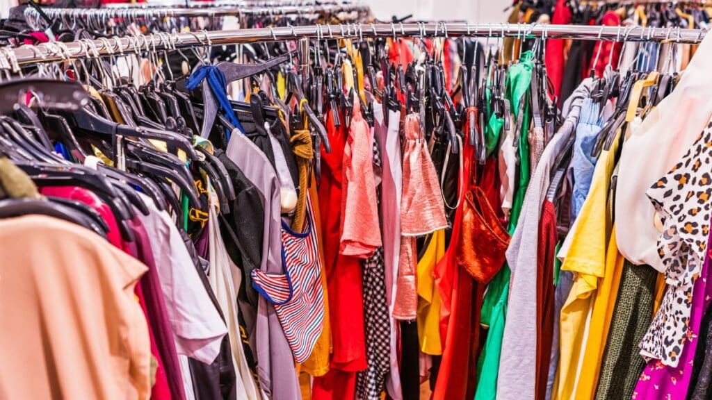 Crowded rack filled with low-quality clothing in a store