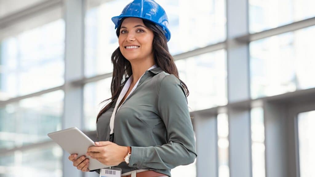 Female inspector wearing a blue hardhat