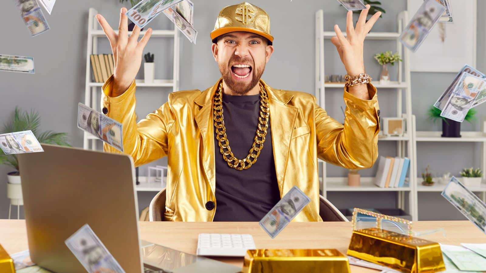 Dorky guy dressed in gold throwing money all around