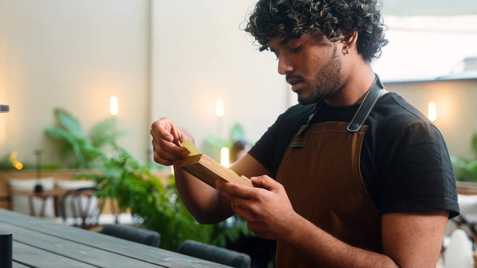 Server looking at bill with a sad look on his face