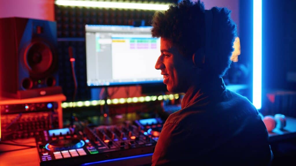 Podcast producer working in his studio