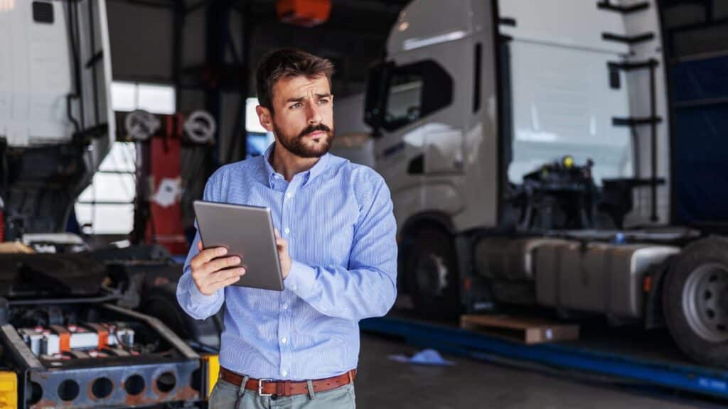 Man standing near tractor trailers doing work on a tablet