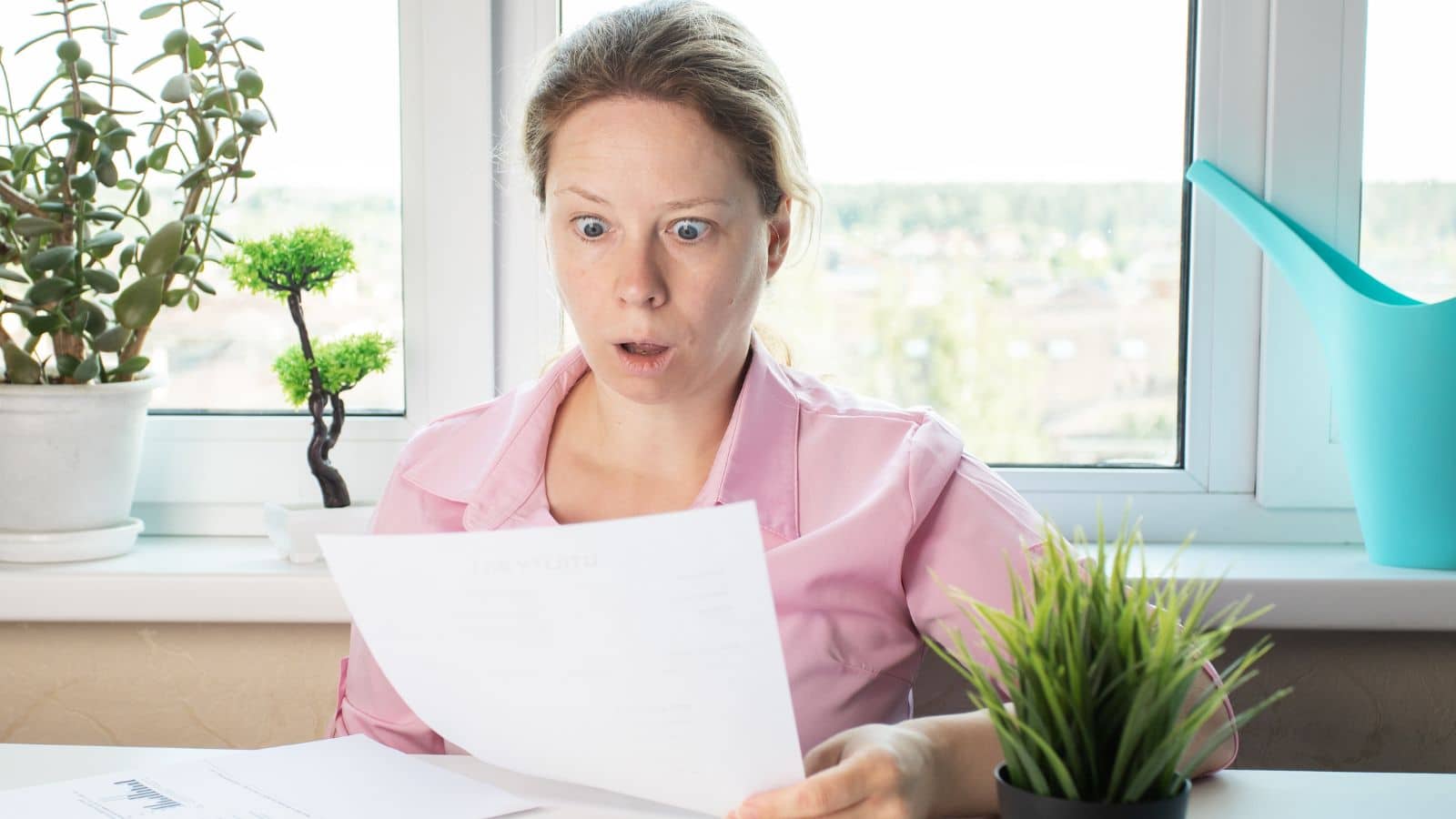 Woman looking at a paper with a look of shock on her face
